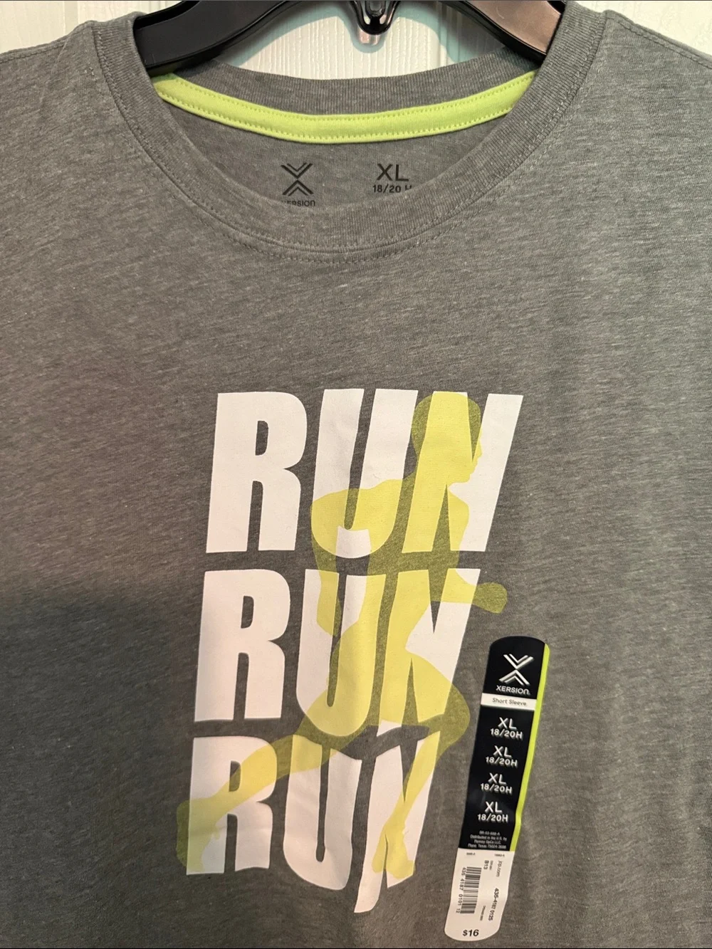 NWT Xersion Boys Gray 'RUN' Graphic Tee with Yellow Accent